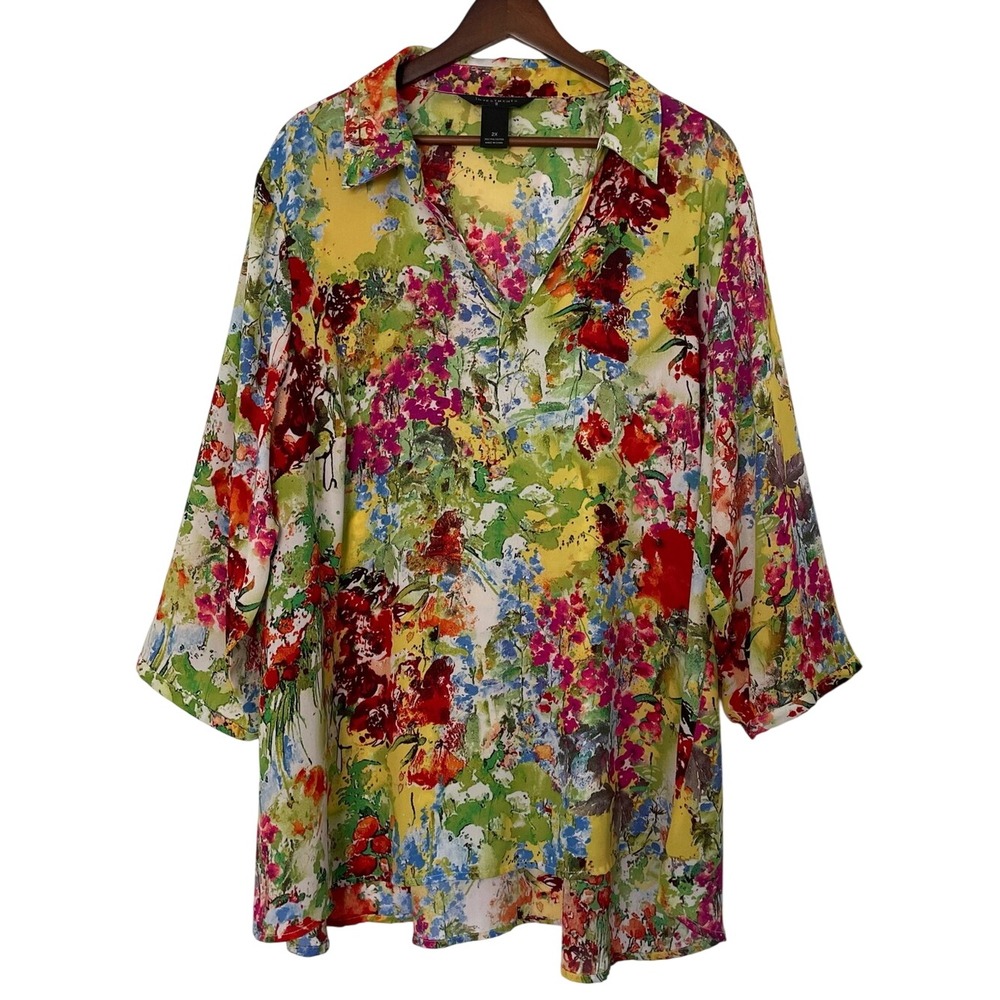 Investments 2X Plus Floral Tunic Blouse Artsy Boho Watercolor Garden Roll Sleeve
